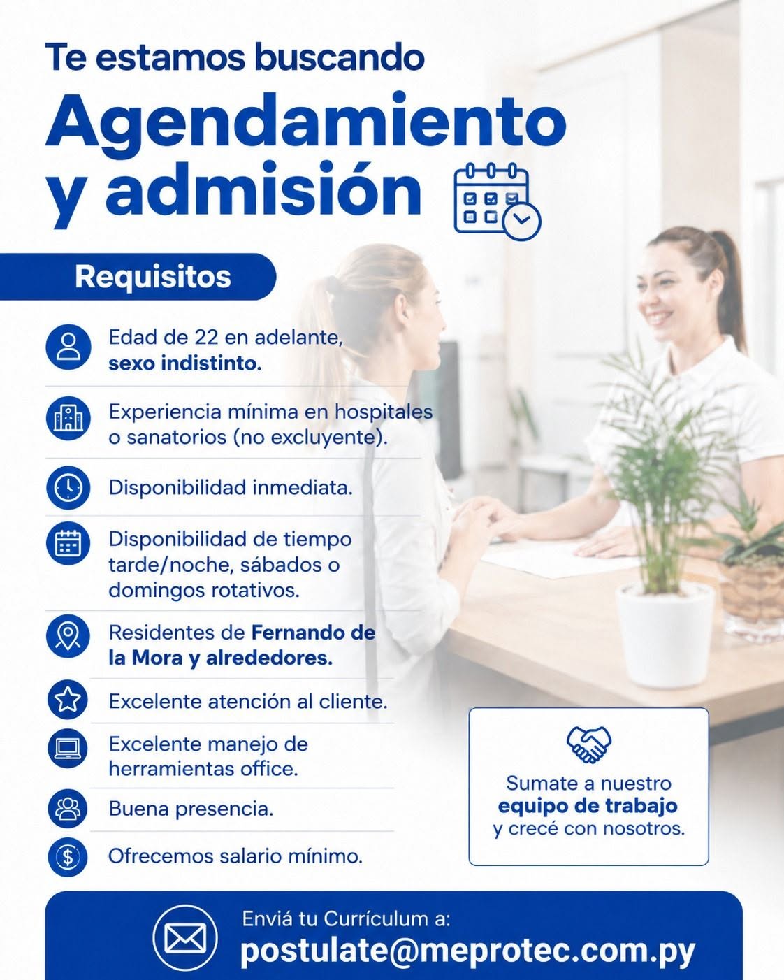 Oferta laboral: Agendamiento Y Admisión — Meprotec