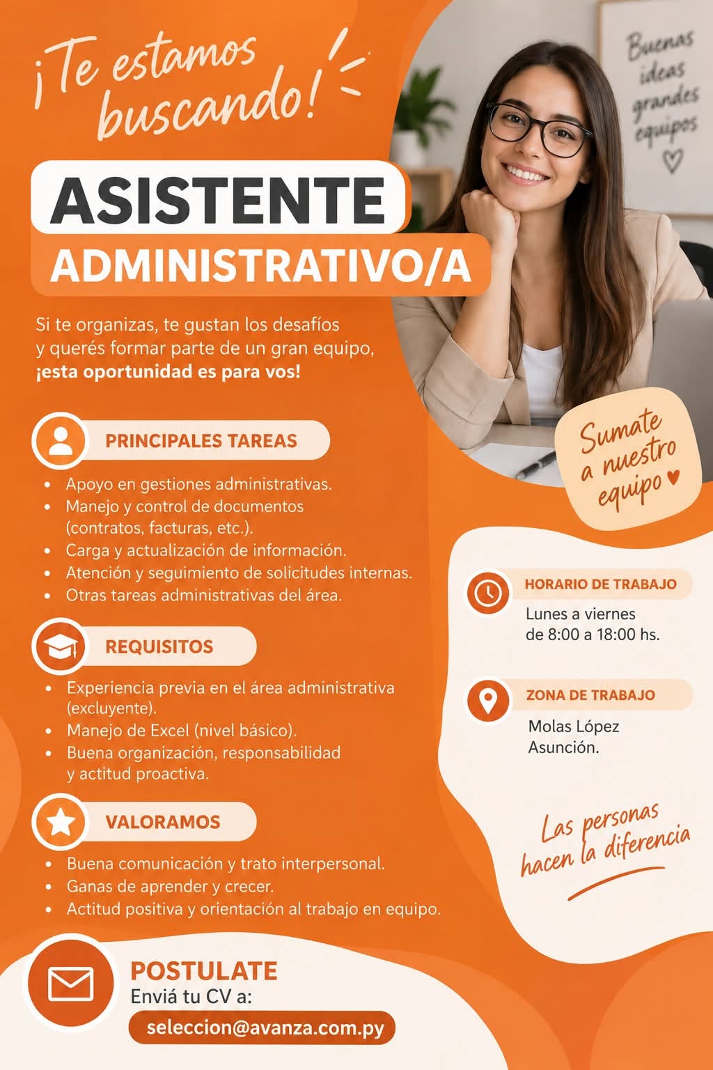 Oferta laboral: Asistente Administrativa — Avanza