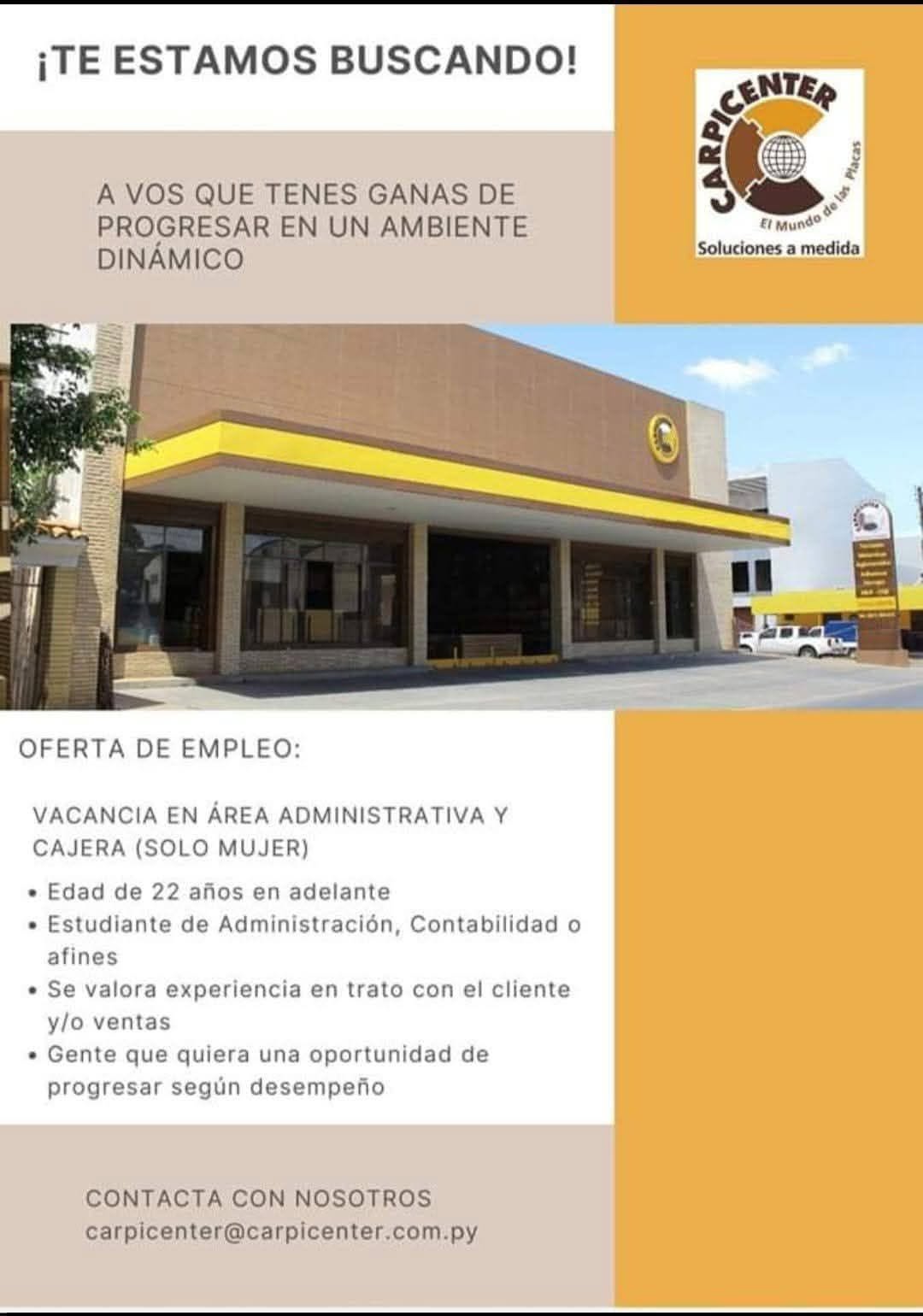 Oferta laboral: Asistente Administrativa — Carpicenter