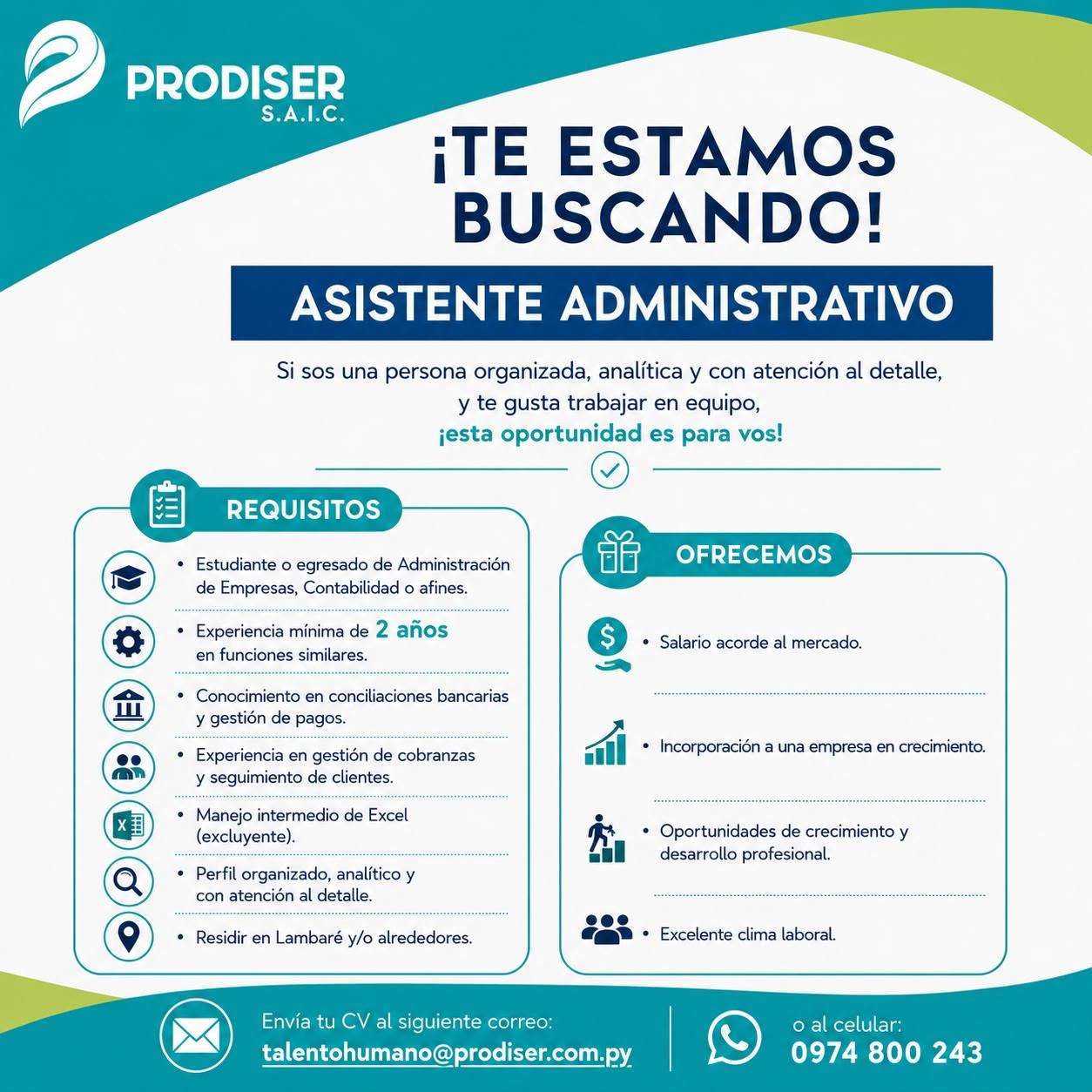 Oferta laboral: Asistente Administrativa — Prodiser