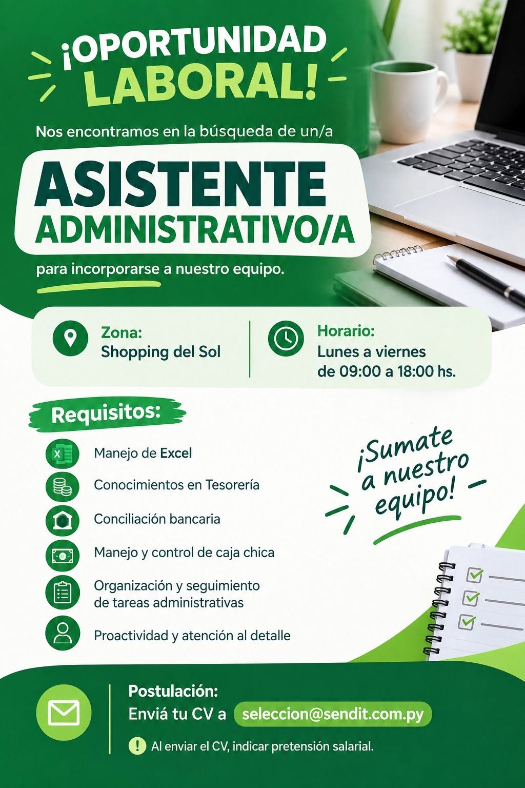 Oferta laboral: Asistente Administrativo — Sendit