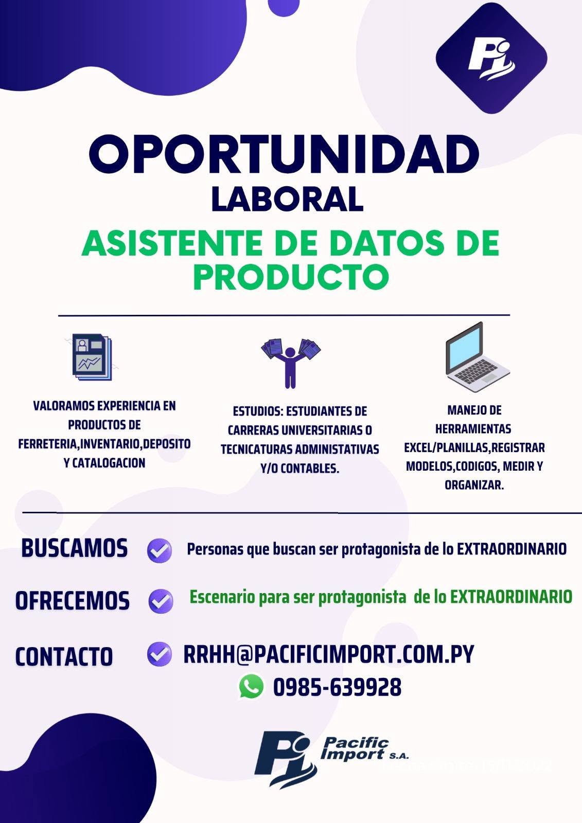 Oferta laboral: Asistente De Datos De Producto — Pacific Import