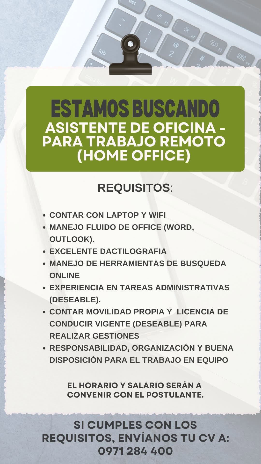 Oferta laboral: Asistente De Oficina