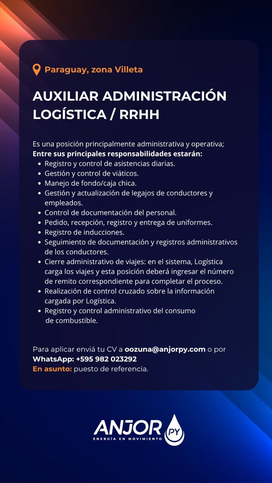 Oferta laboral: Auxiliar Administrativo — Anjor