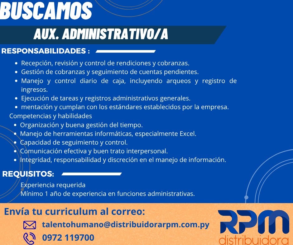 Oferta laboral: Auxiliar Administrativo — Distribuidora RPM