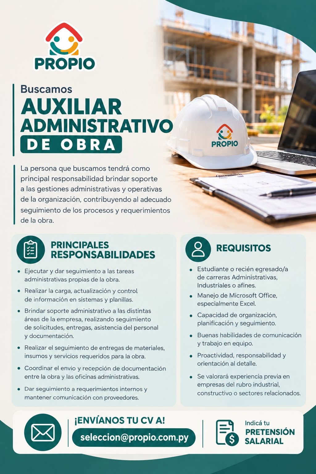 Oferta laboral: Auxiliar Administrativo De Obra — Propio