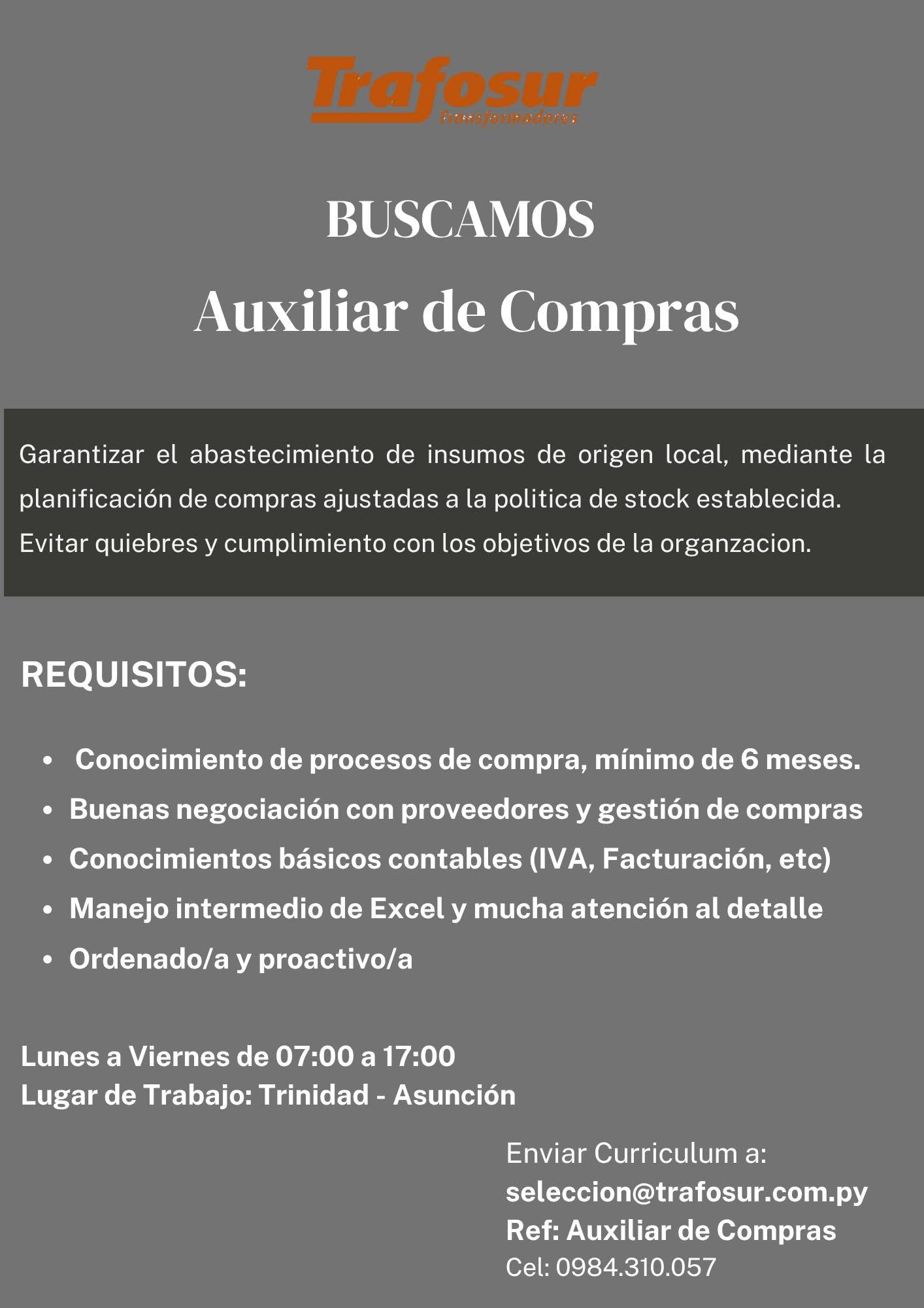 Oferta laboral: Auxiliar De Compras — Trafosur