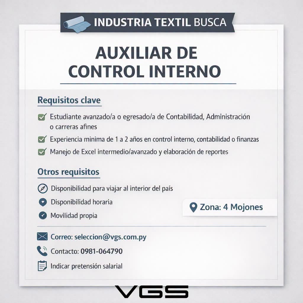 Oferta laboral: Auxiliar De Control Interno — VGS