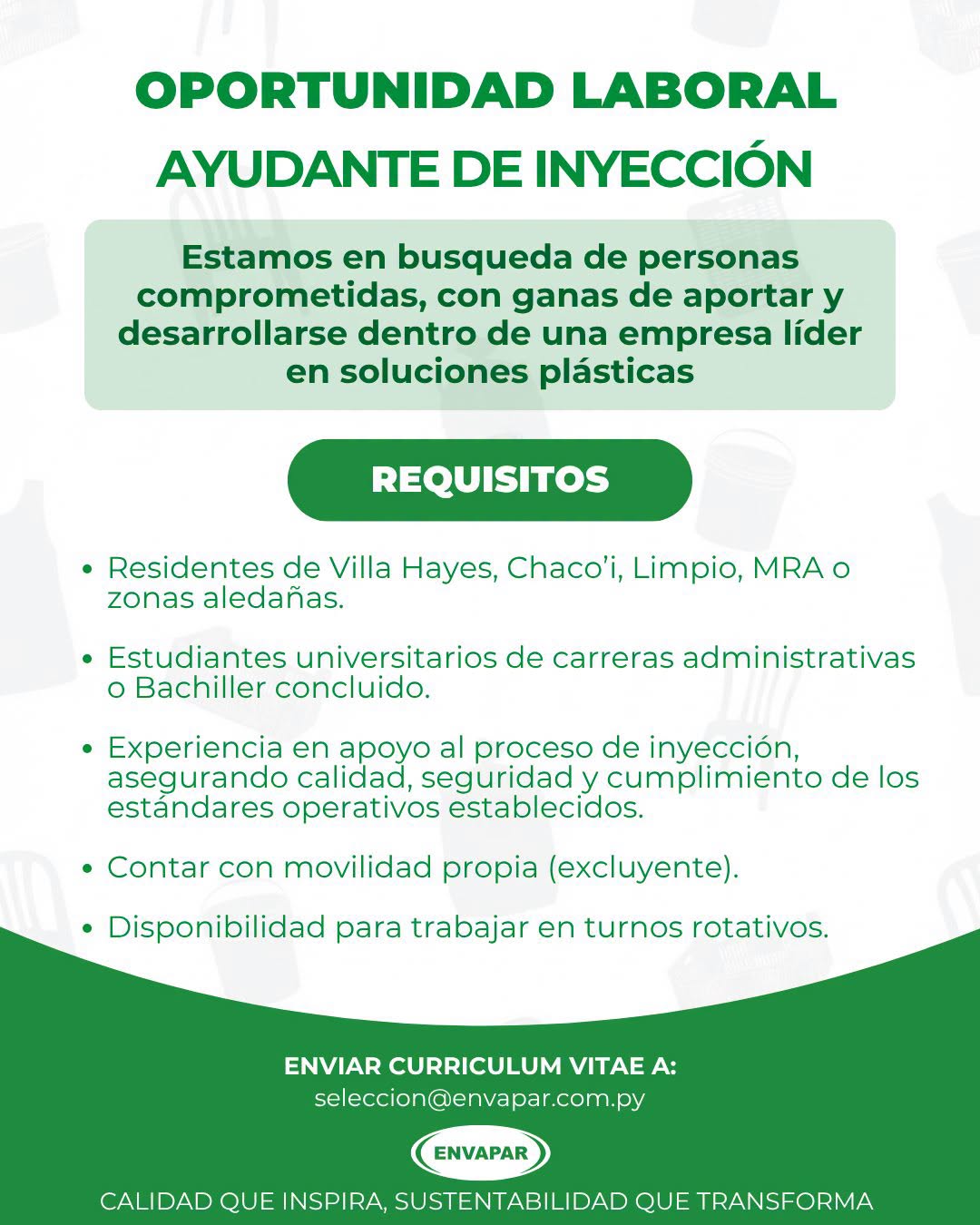 Oferta laboral: Ayudante De Inyección — Envapar