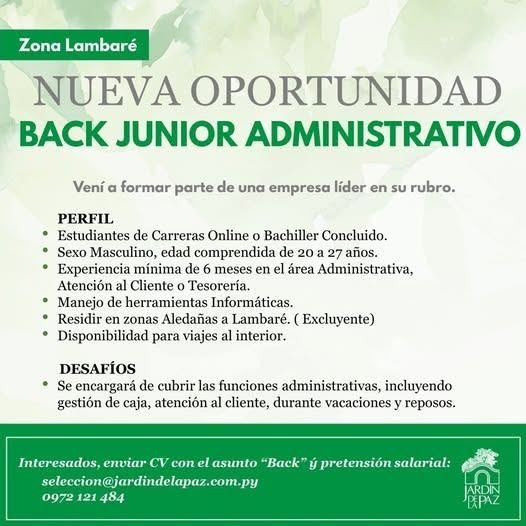 Oferta laboral: Back Junior Administrativo — Jardin De La Paz