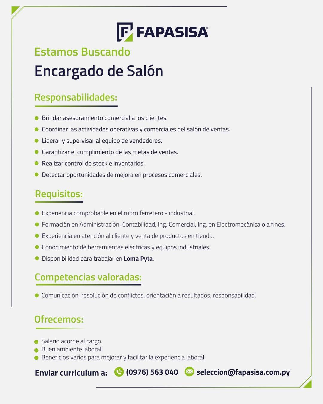Oferta laboral: Encargado De Salón — Fapasisa