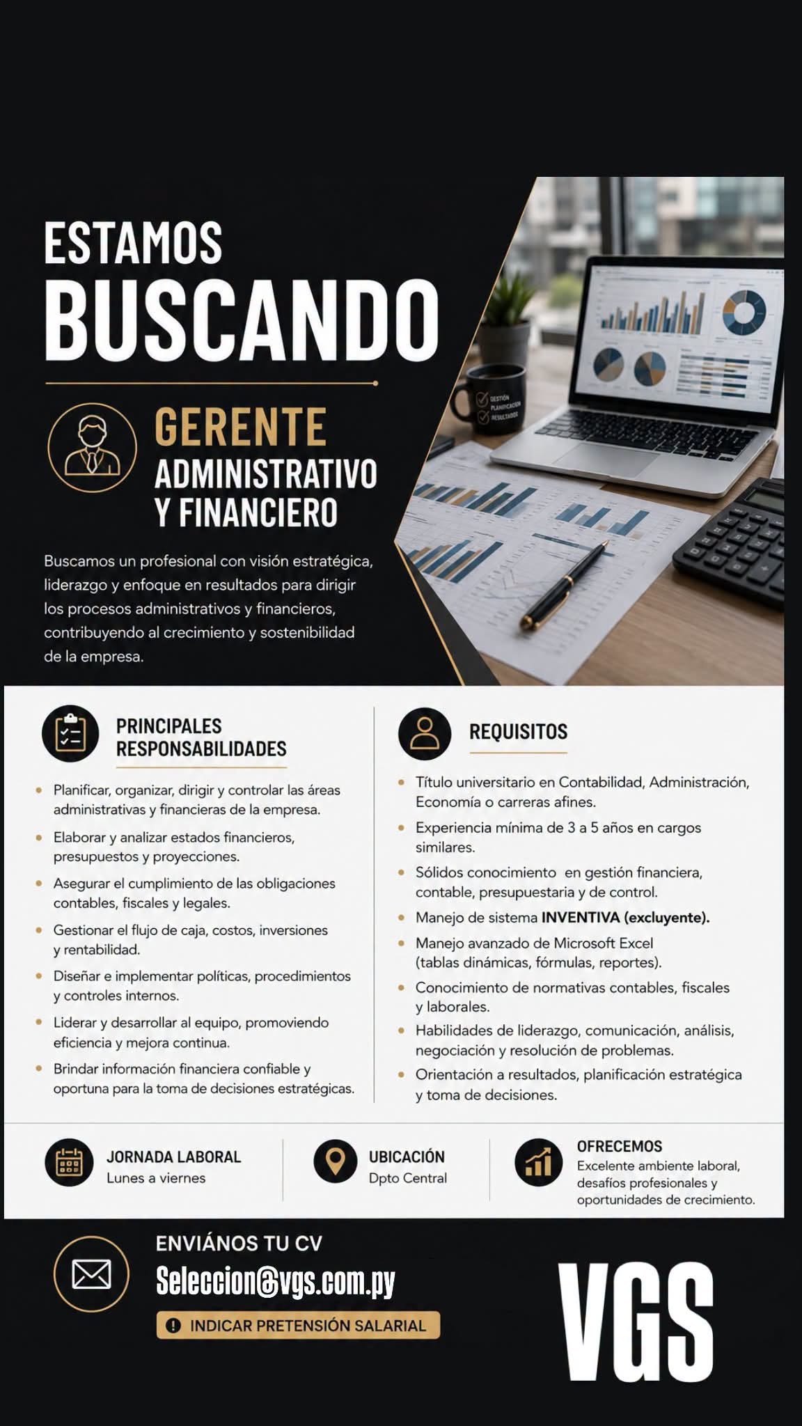 Oferta laboral: Gerente Administrativo Y Financiero — VGS