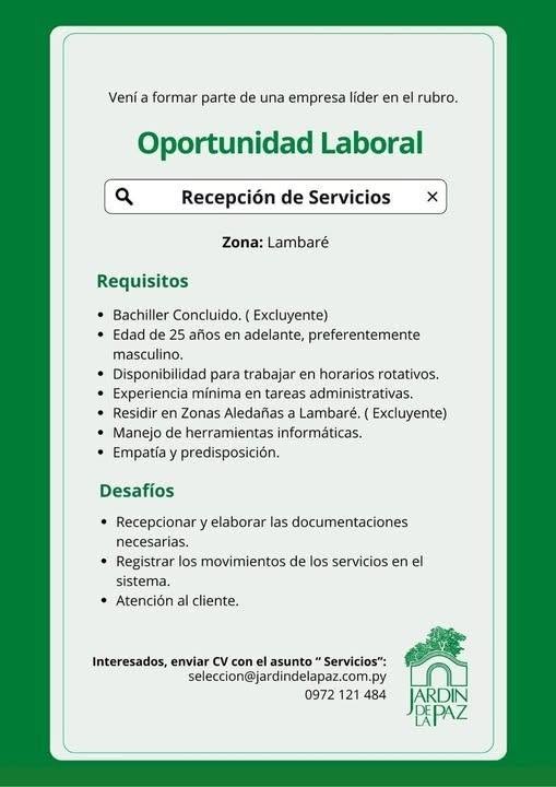 Oferta laboral: Recepción De Servicios — Jardin De La Paz