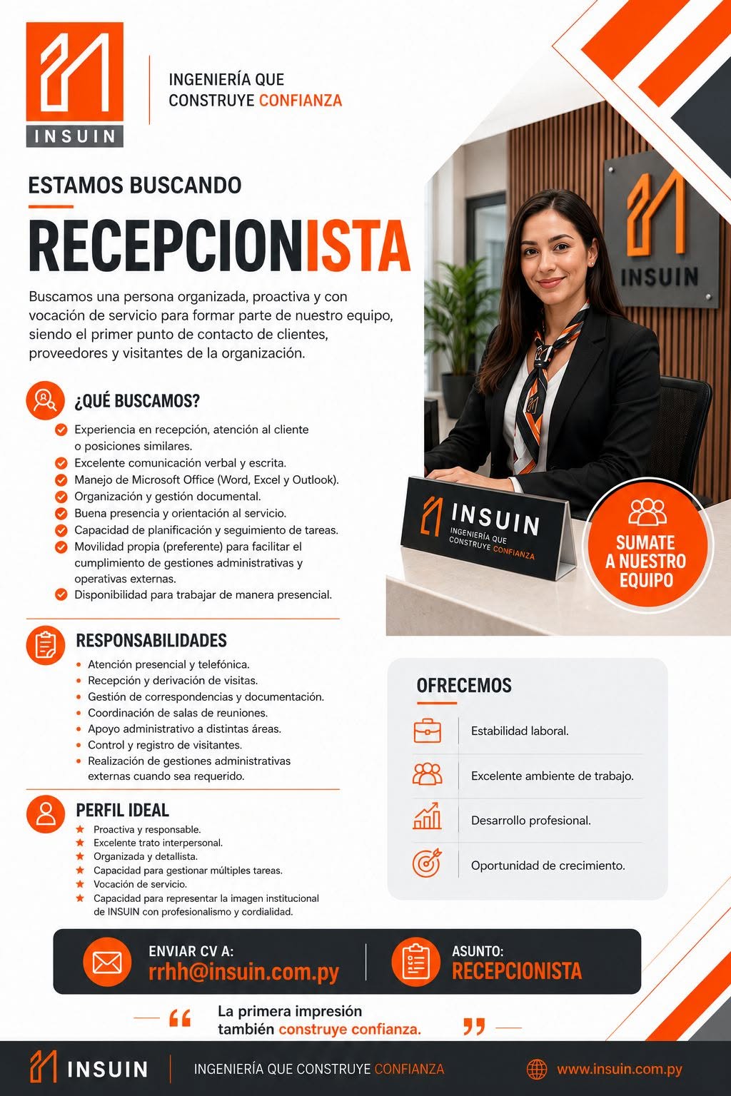 Oferta laboral: Recepcionista — Insuin