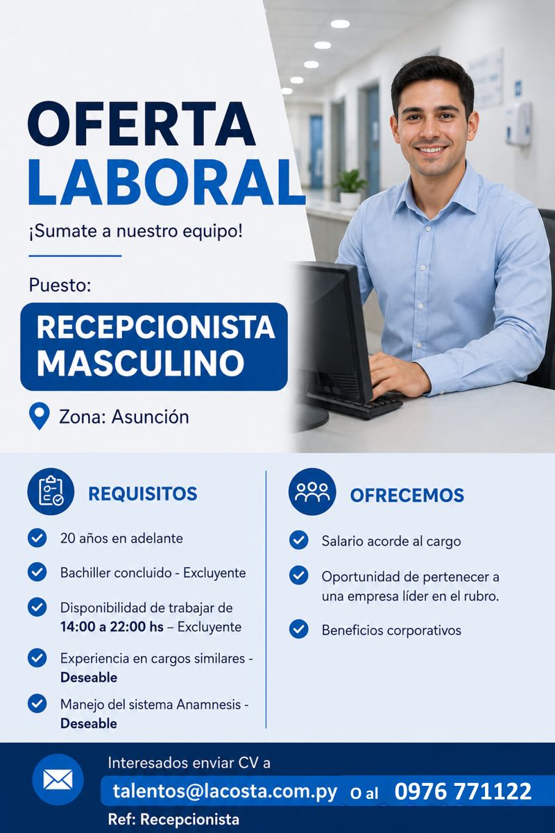 Oferta laboral: Recepcionista — La Costa