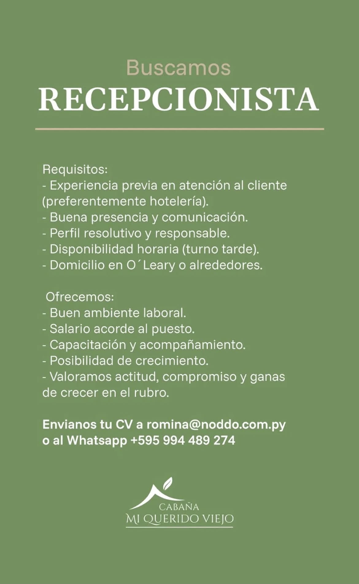 Oferta laboral: Recepcionista — Noddo