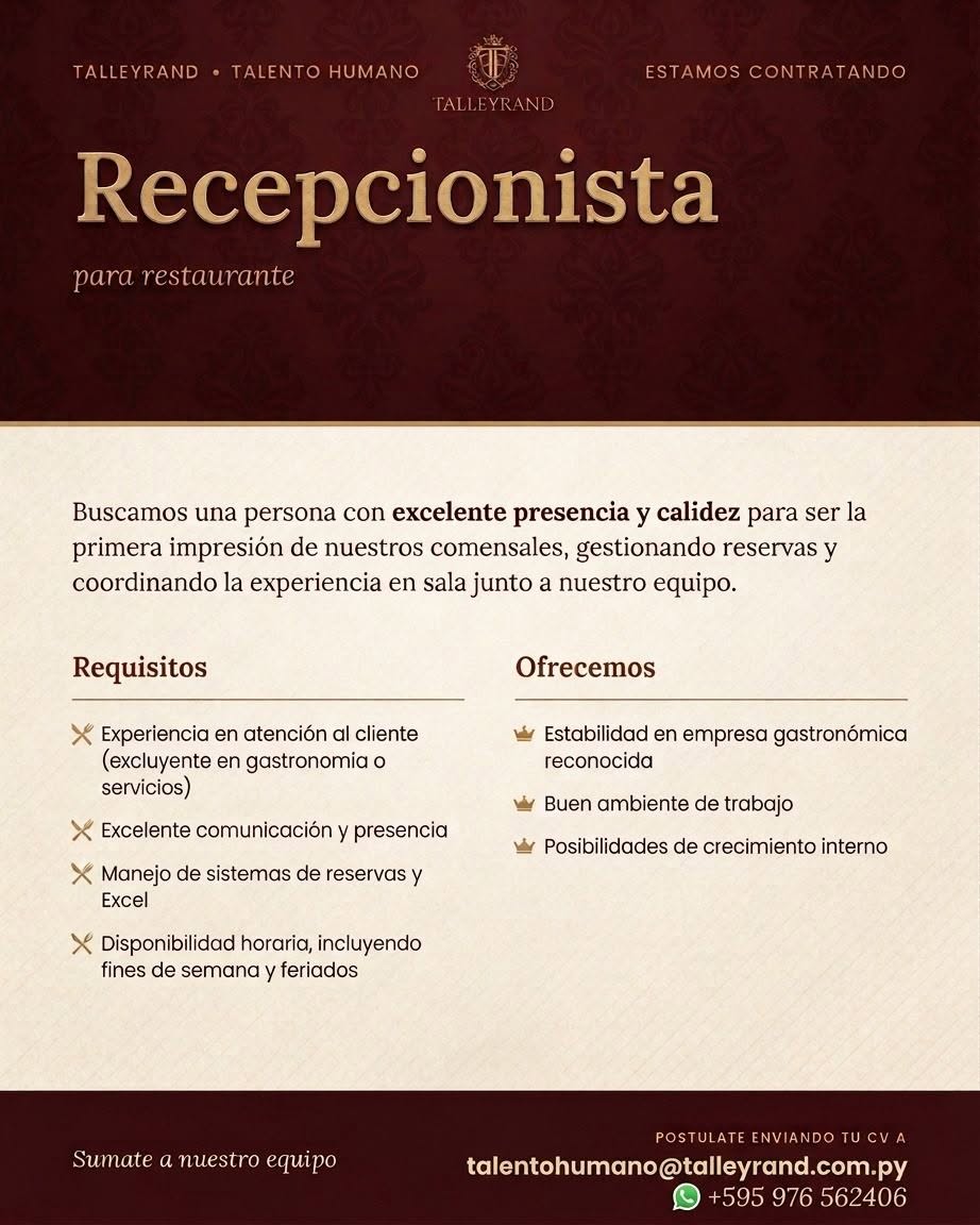 Oferta laboral: Recepcionista — Talleyrand