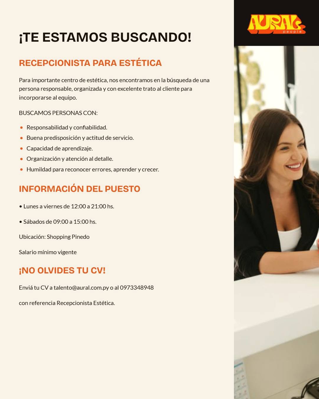 Oferta laboral: Recepcionista Para Estética — Aural