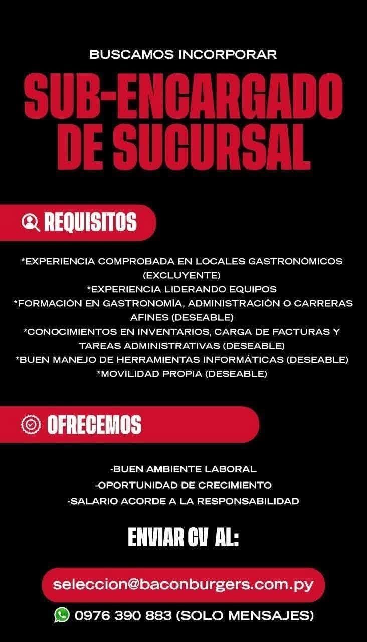 Oferta laboral: Sub Encargo Sucursal — Bacon Burguers