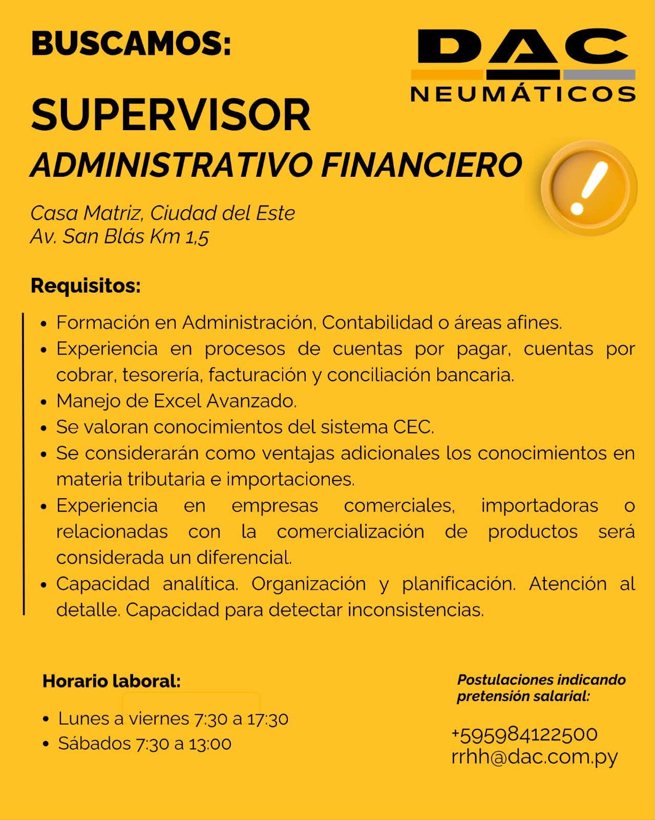 Oferta laboral: Supervisor Administrativo Financiero — DAC Neumáticos