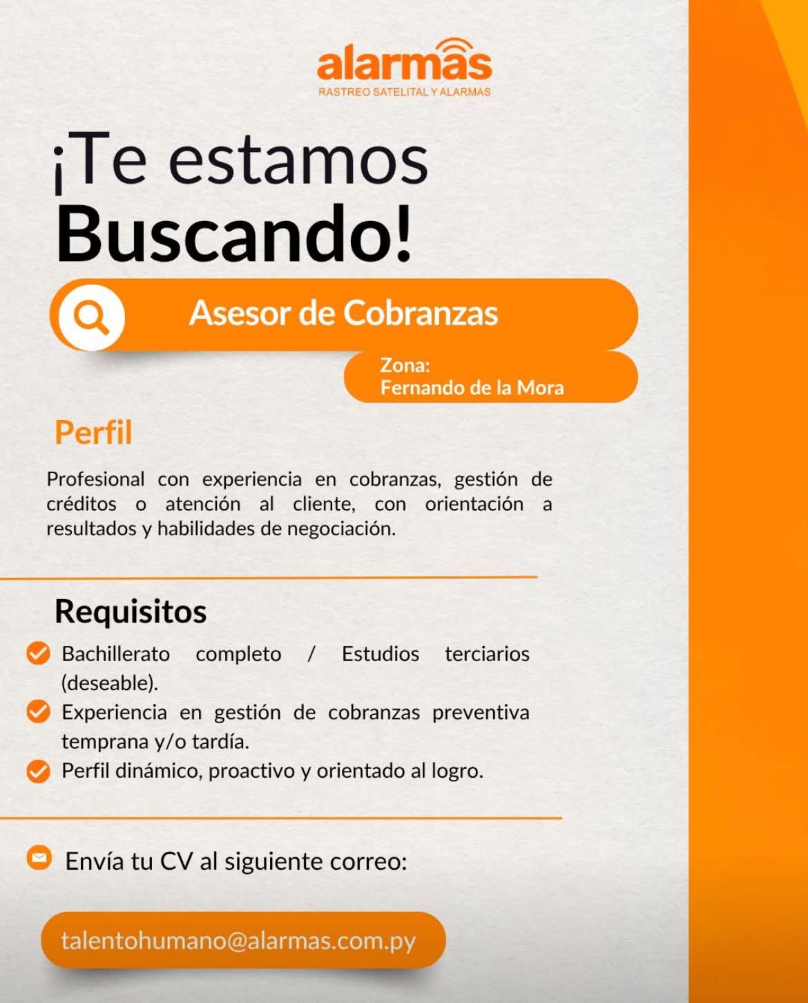 Oferta laboral: Asesor De Cobranzas — Alarmas PY