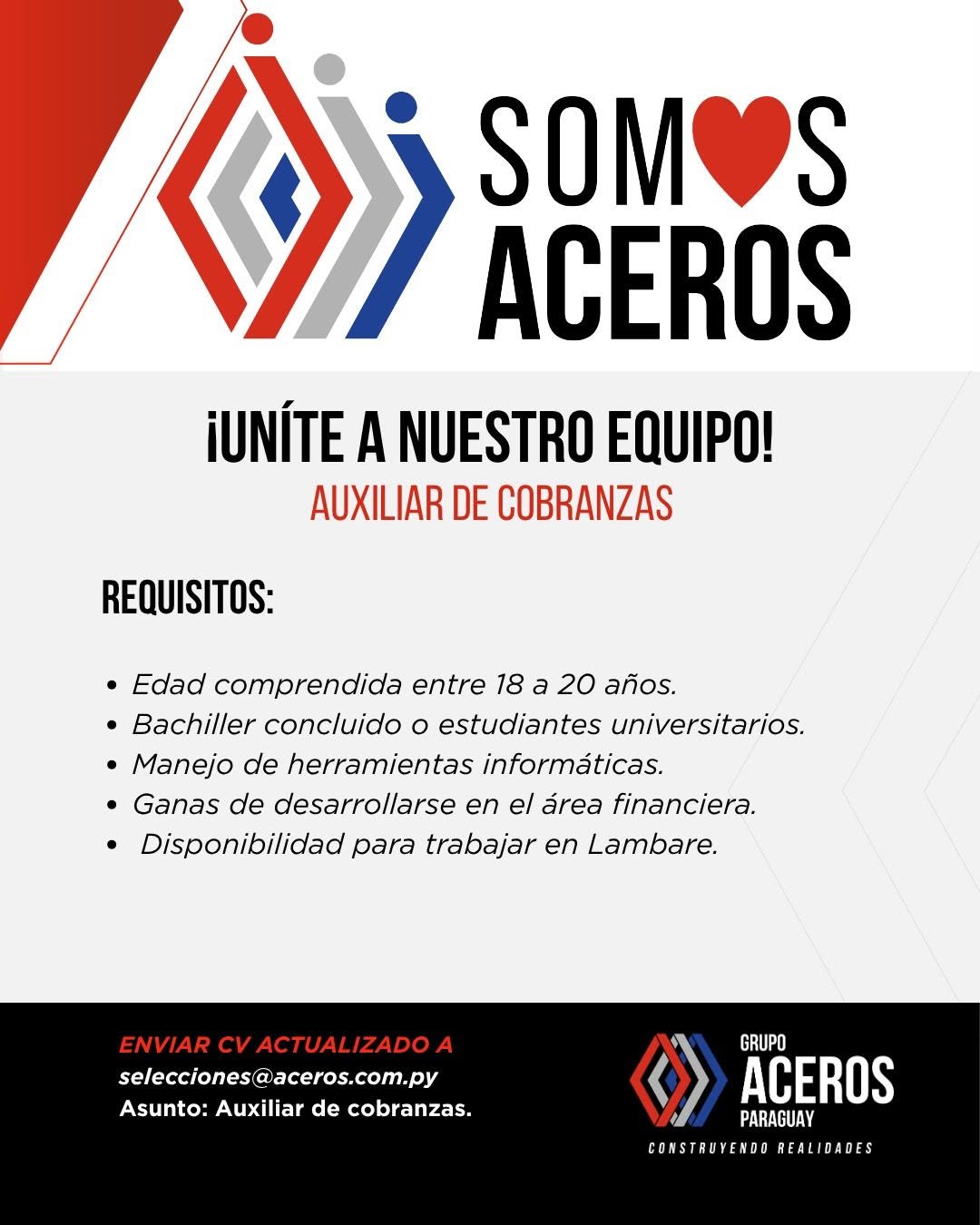 Oferta laboral: Auxiliar De Cobranzas — Aceros