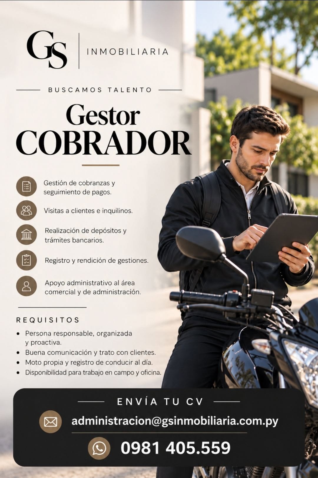 Oferta laboral: Gestor Cobrador — GS Inmobiliaria