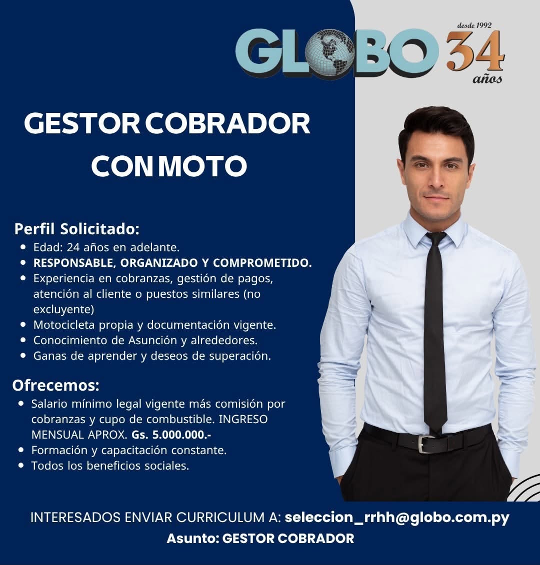 Oferta laboral: Gestor Cobrador Con Moto — Globo