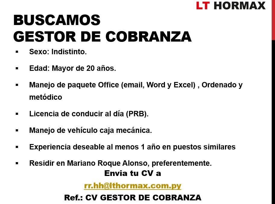 Oferta laboral: Gestor De Cobranza — LT Hormax