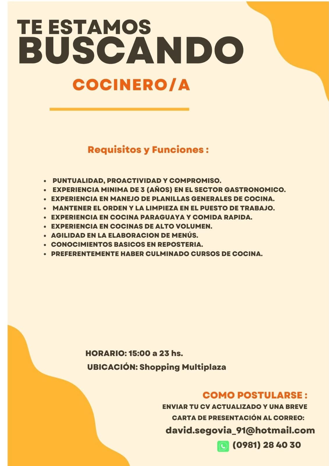 Oferta laboral: 2 Cocinero