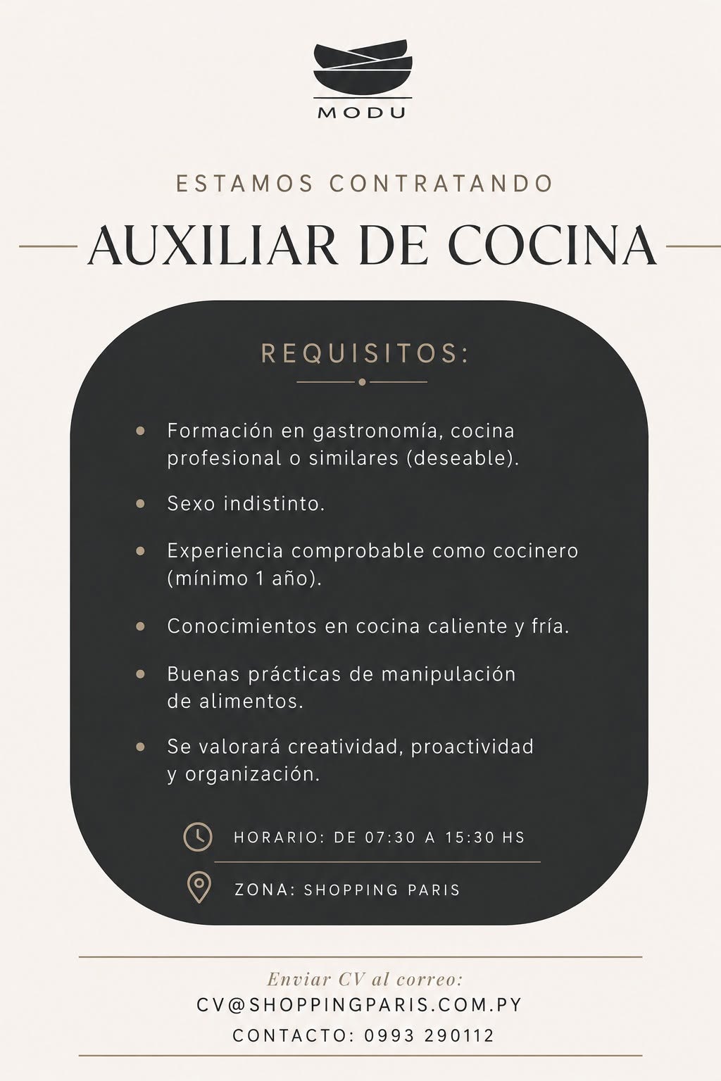 Oferta laboral: Cocina — Shopping Paris