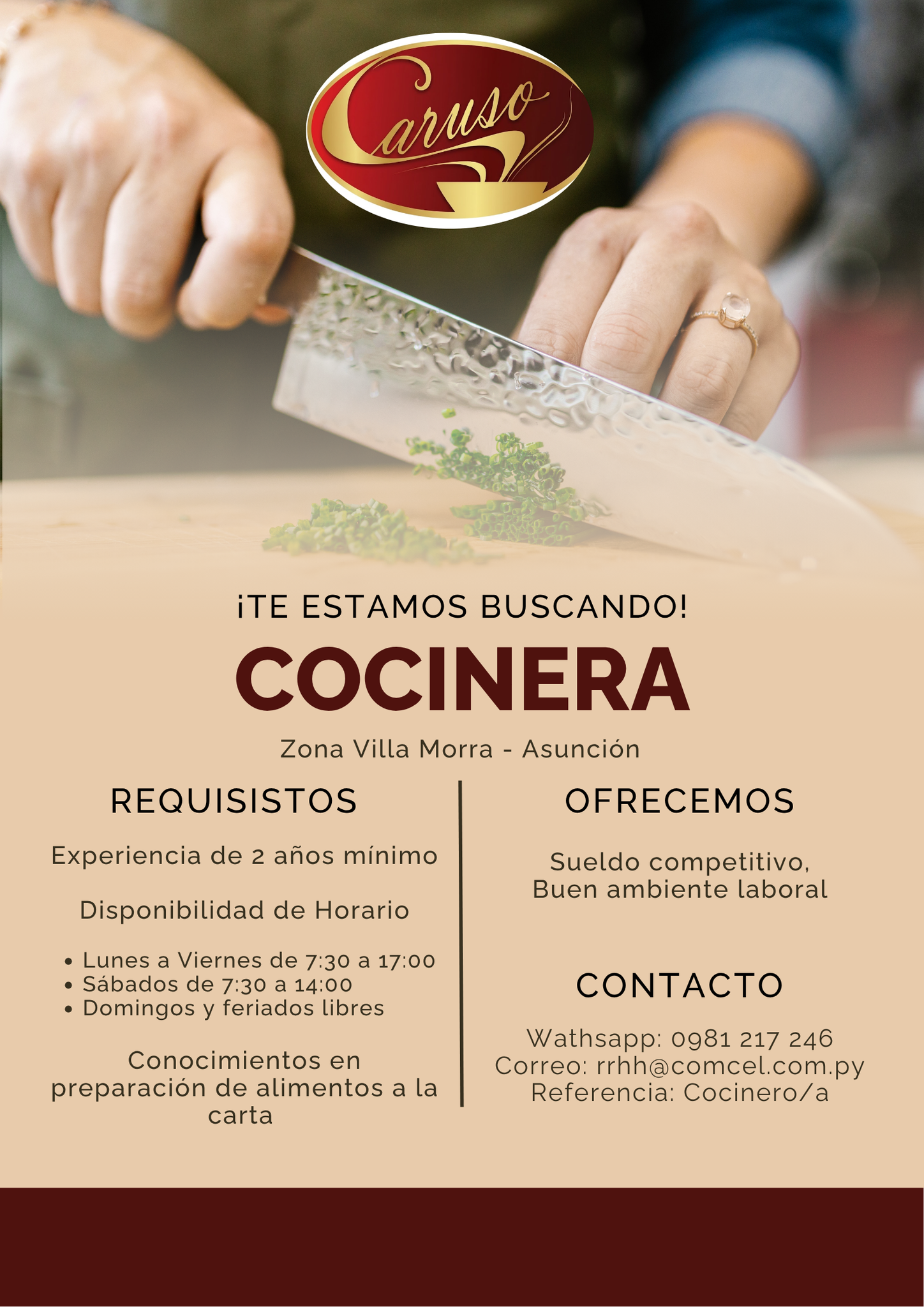 Oferta laboral: Cocinera — Comcel