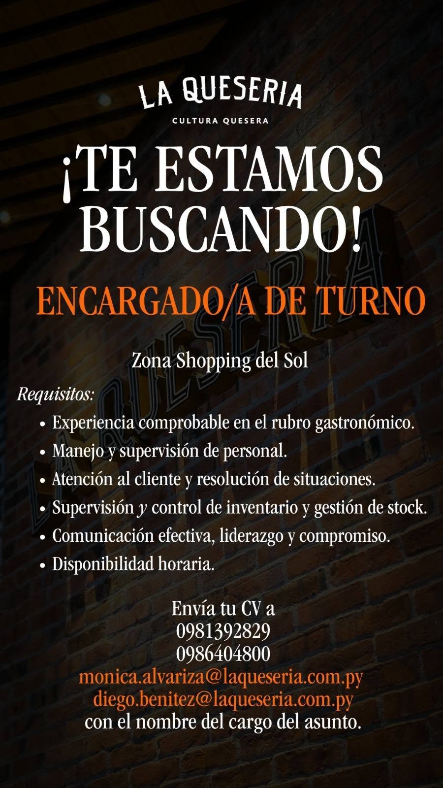 Oferta laboral: Encargado De Turno — La Queseria