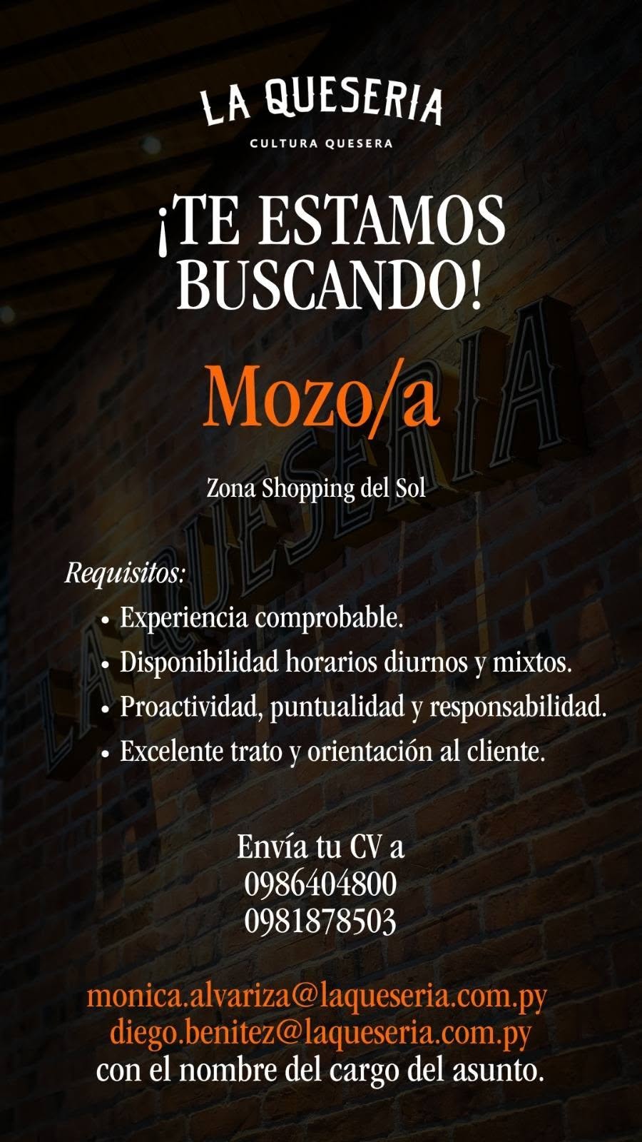 Oferta laboral: Mozo — La Queseria