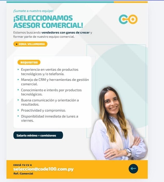 Oferta laboral: Asesor Comercial — Code 100
