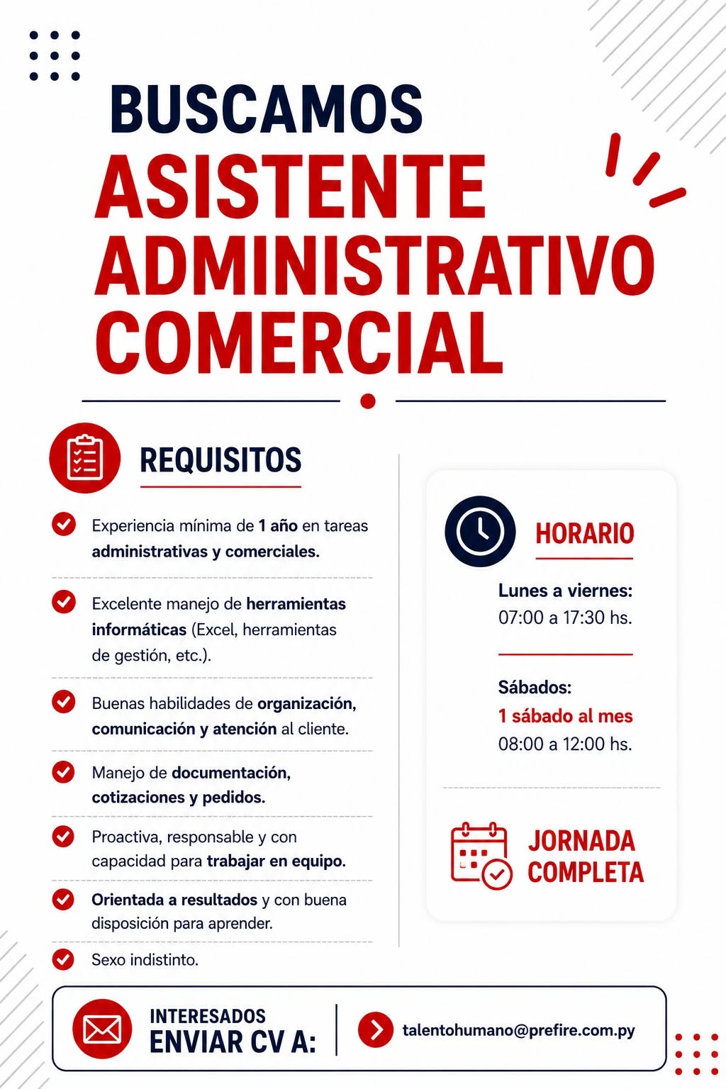 Oferta laboral: Asistente Administrativo Comercial — Prefire