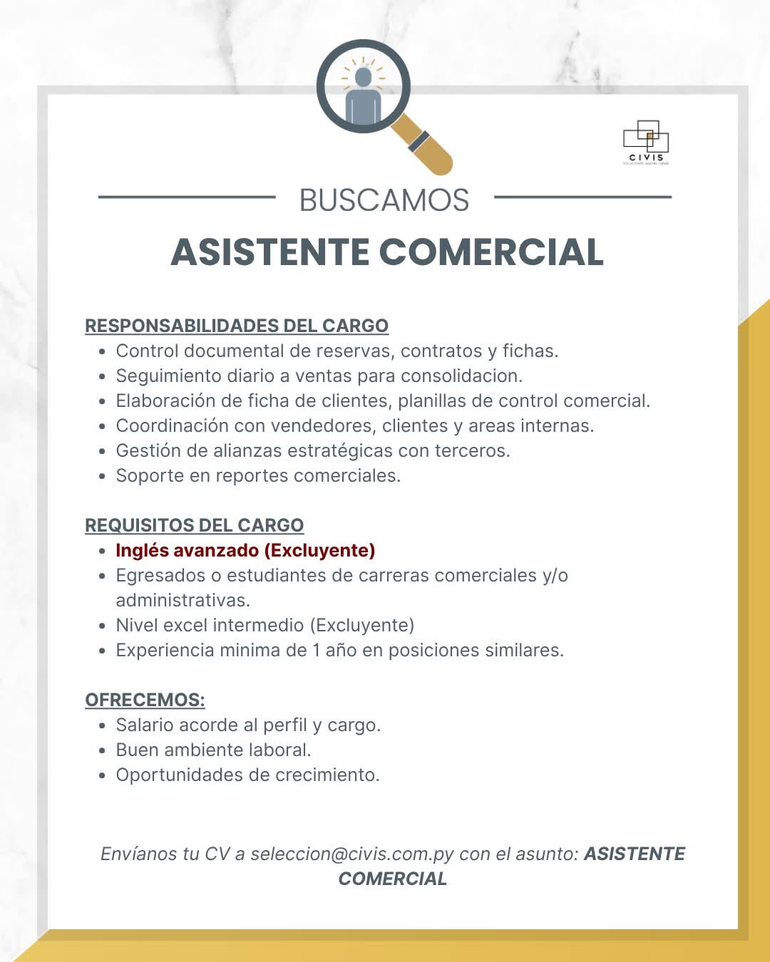 Oferta laboral: Asistente Comercial — Civis