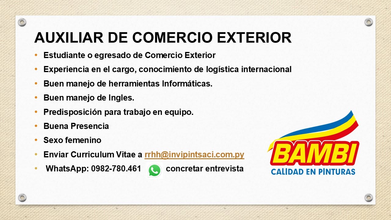 Oferta laboral: Auxiliar De Comercio Exterior — Bambi
