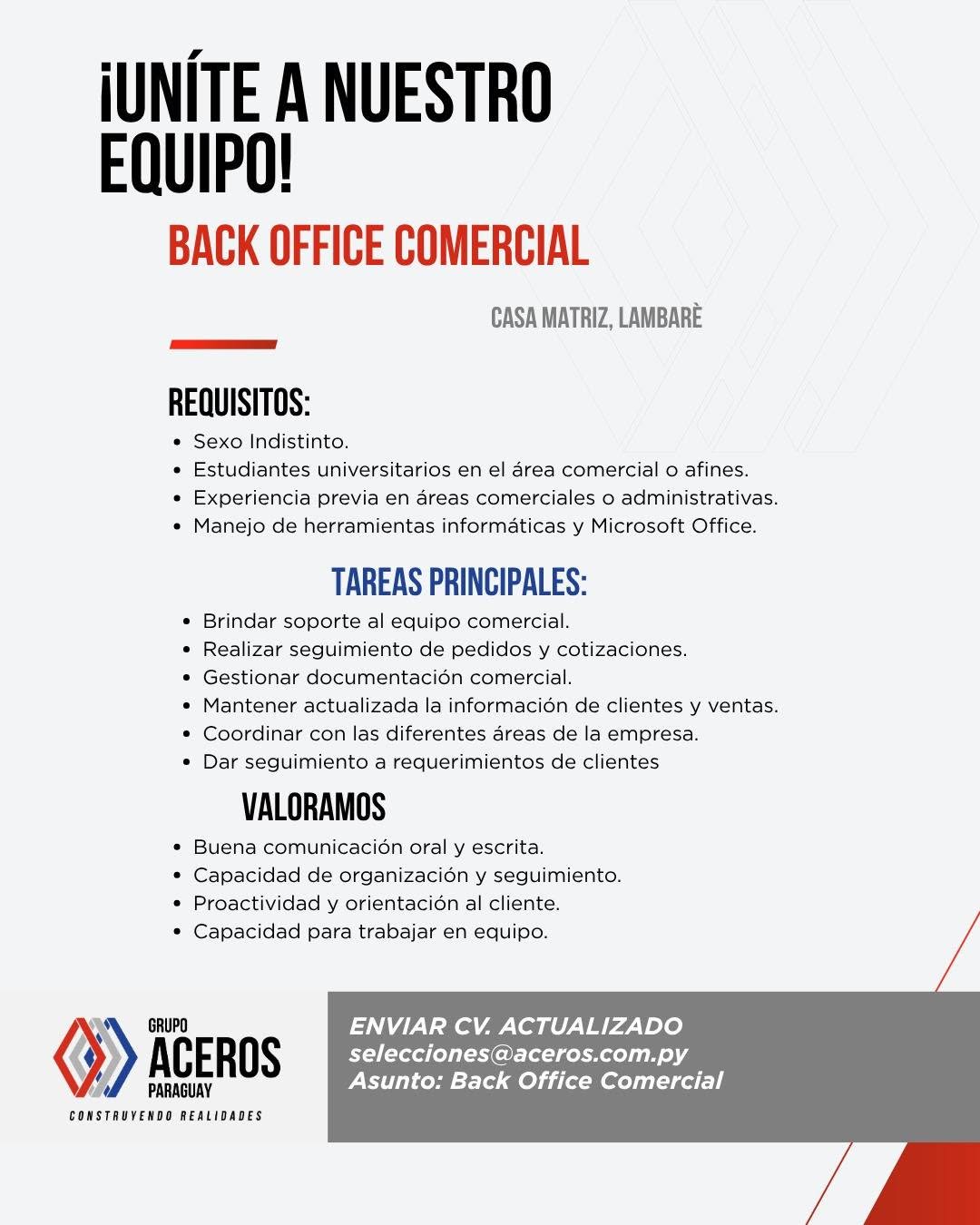 Oferta laboral: Back Office Comercial — Aceros