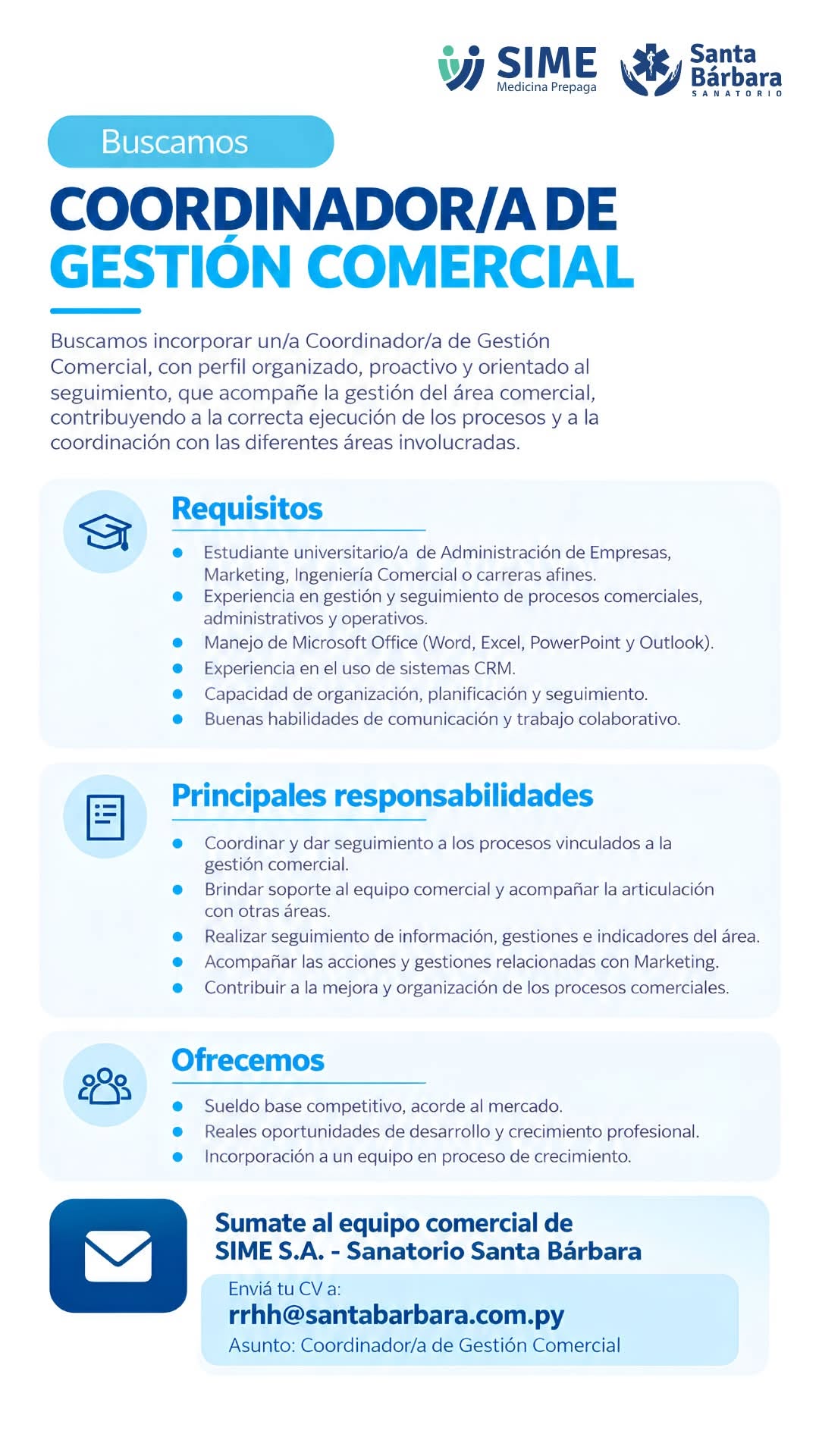 Oferta laboral: Coordinador De Gestión Comercial — Santa Bárbara
