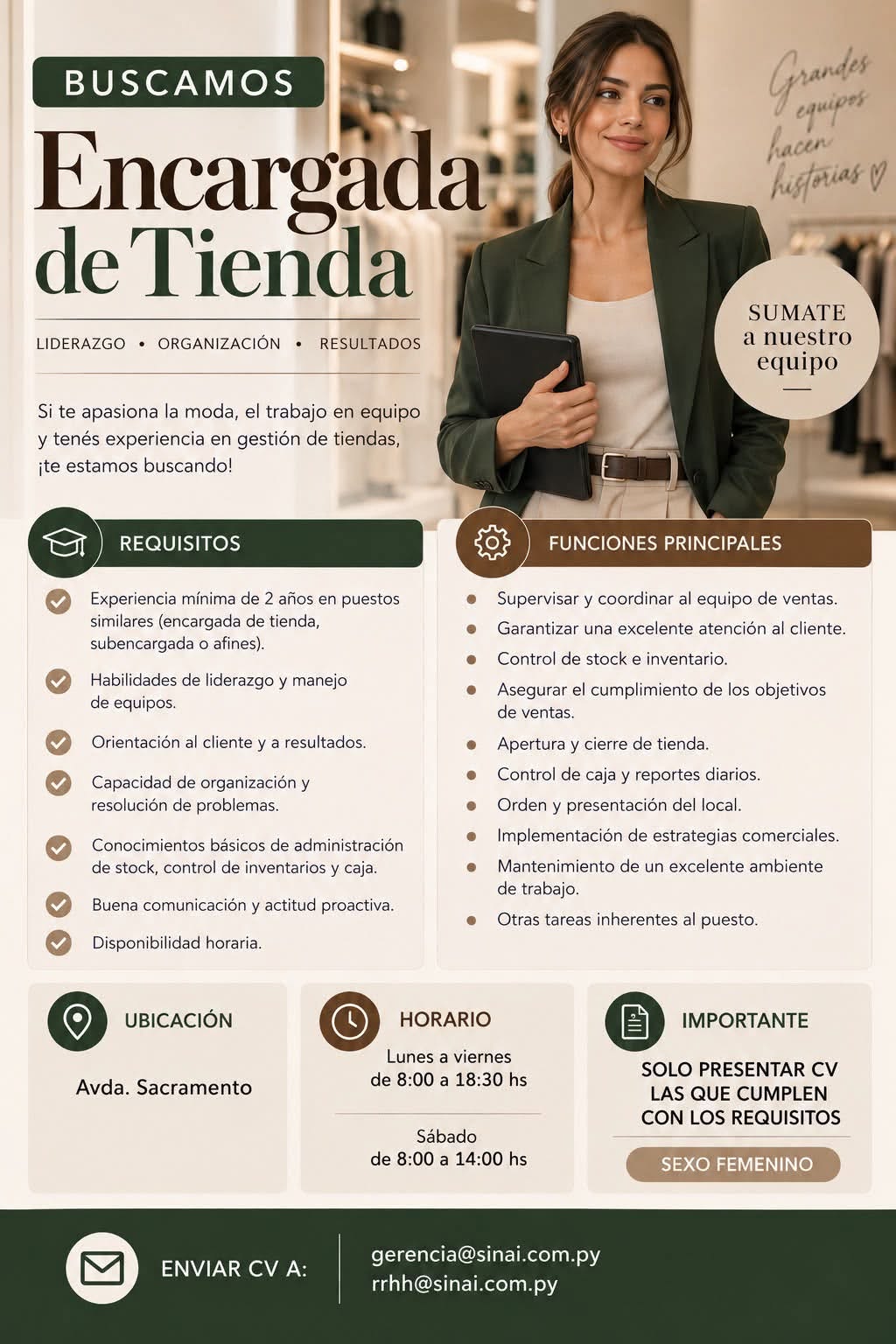 Oferta laboral: Encargada De Tienda — Sinai