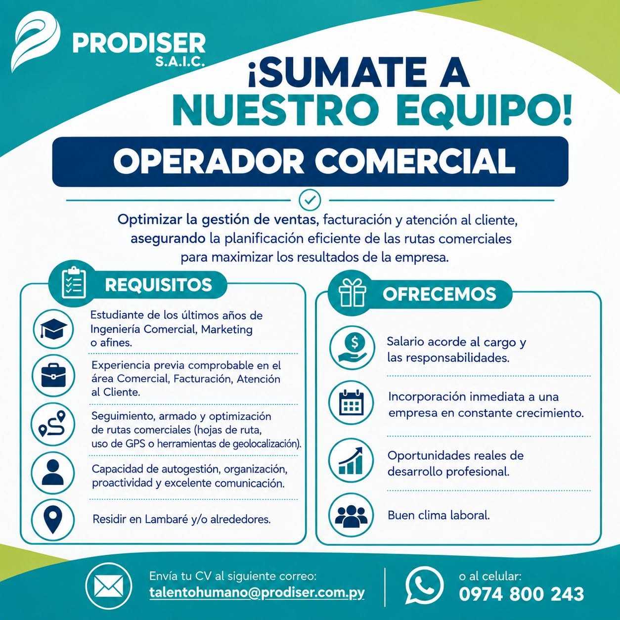 Oferta laboral: Operador Comercial — Prodiser