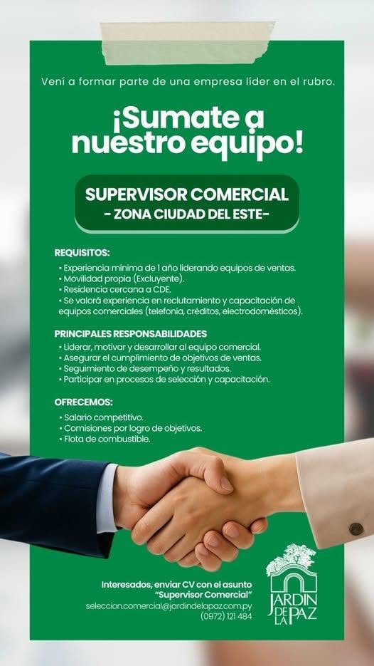 Oferta laboral: Supervisor Comercial — Jardin De La Paz