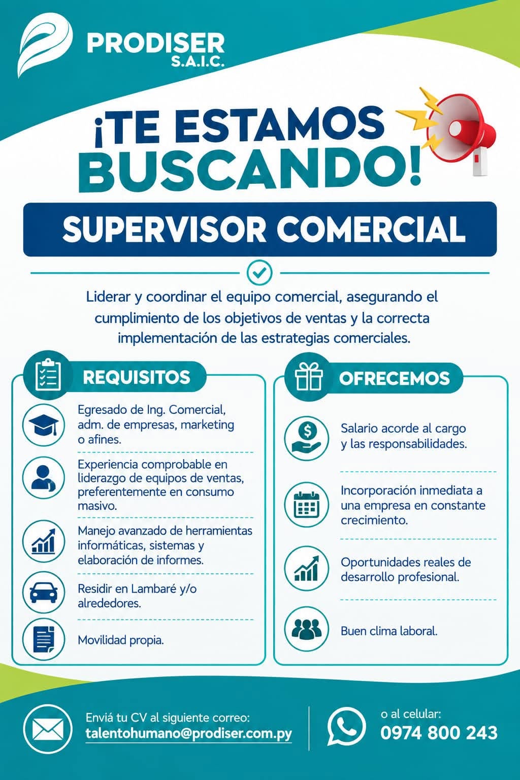 Oferta laboral: Supervisor Comercial — Prodiser