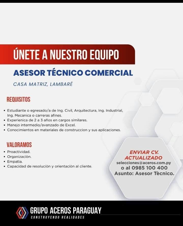 Oferta laboral: Asesor Técnico Comercial — Aceros