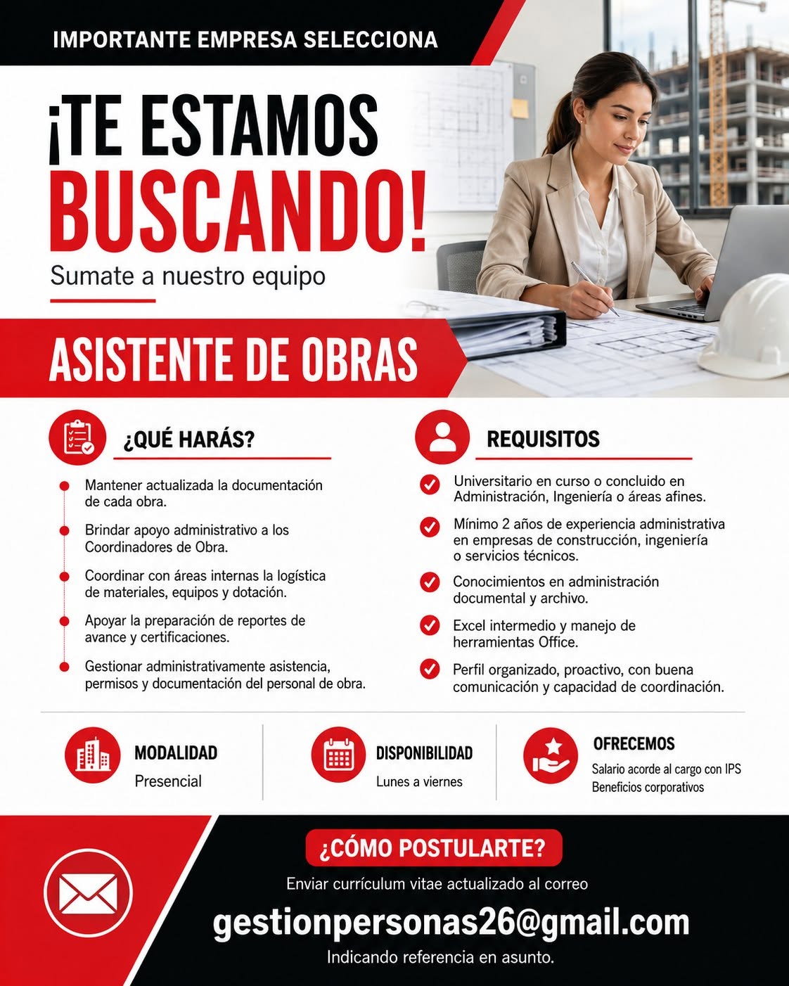Oferta laboral: Asistente De Obras