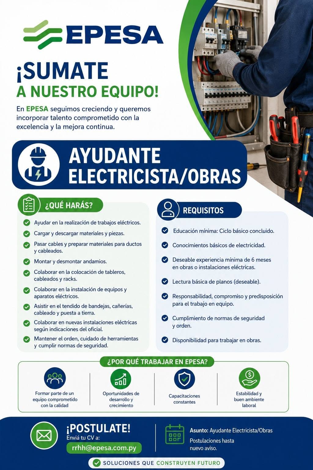 Oferta laboral: Ayudante De Electricista — Epesa