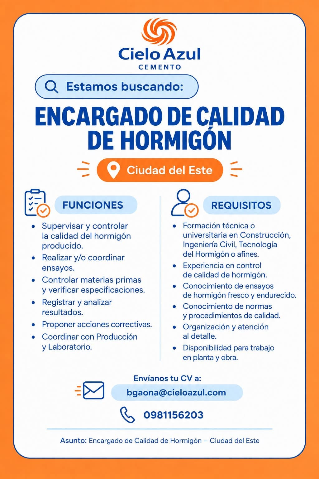 Oferta laboral: Encargado De Calida De Hormigón — Cielo Azul