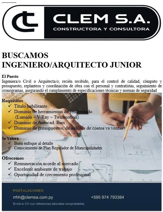 Oferta laboral: Ingeniero Arquitecto Junior — Clem S.A.