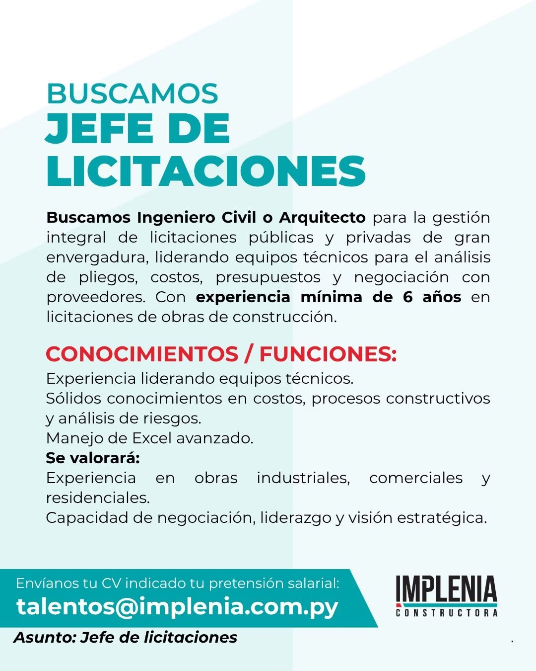 Oferta laboral: Jefe De Licitaciones — Implenia